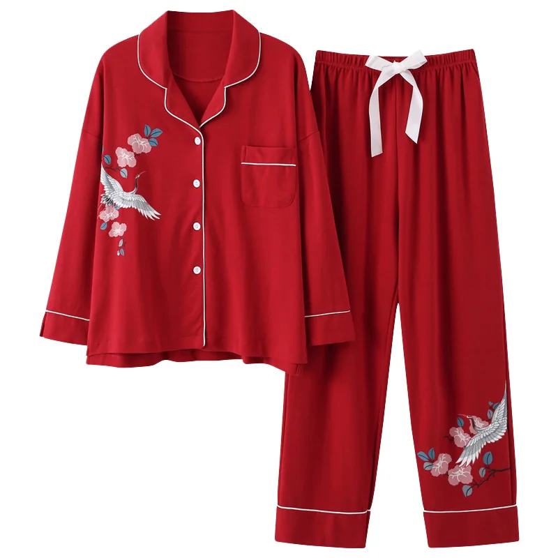 Gyvūnų pižama moterims, raudona švenčių spausdinimo ponios kostiumas atvartas ilgomis rankovėmis pižama nustatyti namuose paslaugų didelis metrų 3XL pižamos moteris