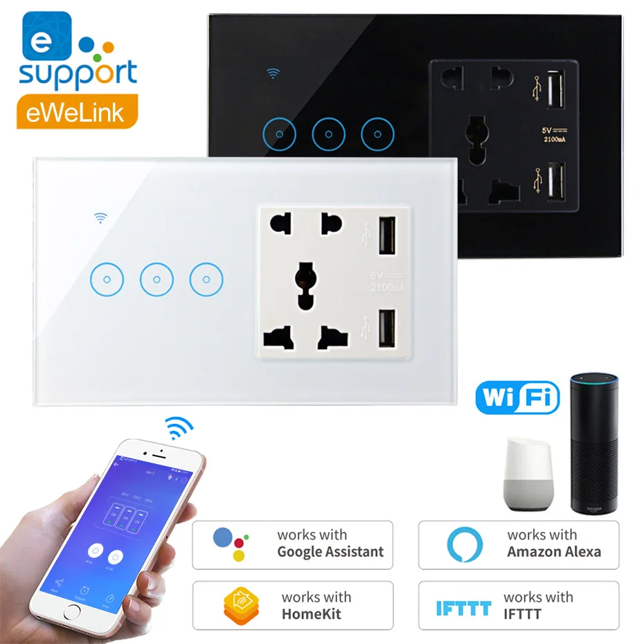 EWelink Lizdą Su USB 5V WIFI Smart Touch Jungiklis 1/2/3 Gaujos Elektrinių traukinių Skydelis, Valdymas Balsu Alexa/ 