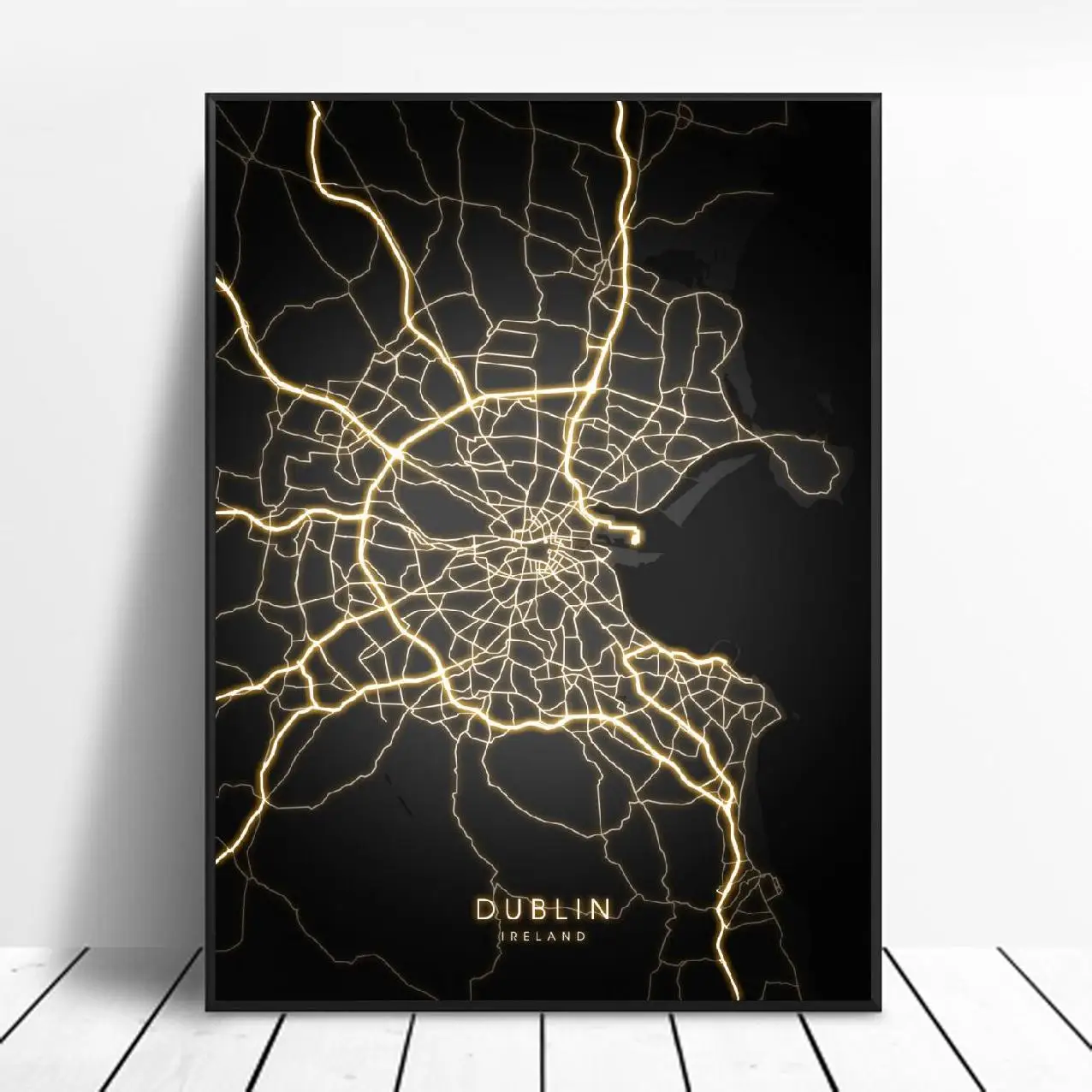 Dublinas, Airija Juodos ir aukso Drobė Sienos Meno Žemėlapį Plakatą, be Rėmelio