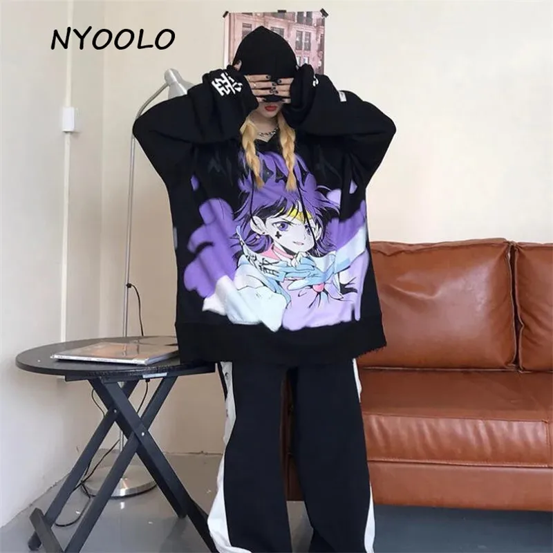 NYOOLO Aukštos kokybės Harajuku Anime ilgomis rankovėmis negabaritinių hoodies Rudenį streetwear prarasti hip-hop puloveriai) su gobtuvu palaidinukė