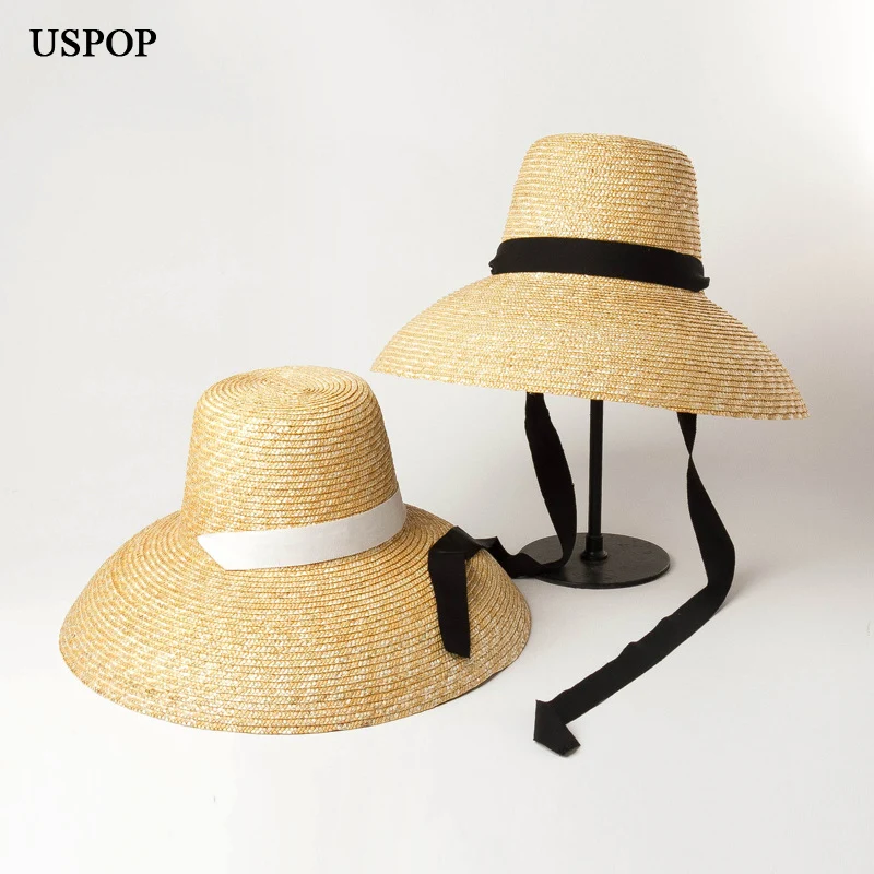 USPOP 2020 Naujas vasaros skrybėlės moterims, natūralios kviečių šiaudų kepurės aukštos flat top ilgu kaspinu nėriniai-up saulės, skrybėlės, plačios kraštų paplūdimys skrybėlės