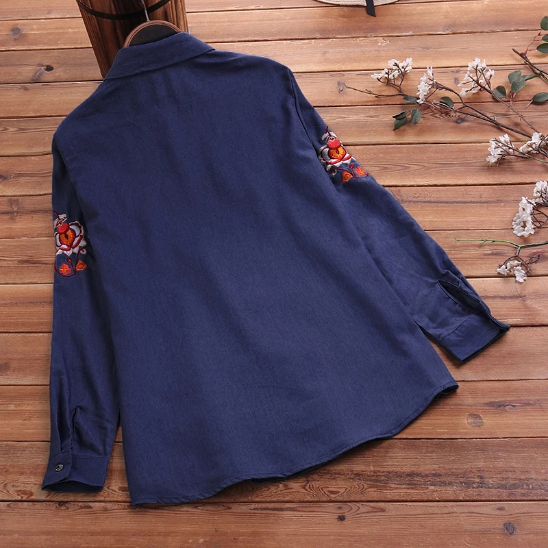Moterų Siuvinėjimo Palaidinė 2021 ZANZEA Elegantiškas Denim Blue Marškinėliai ilgomis Rankovėmis Chemise Moterų Mygtuką Blusa Tunika Plius Dydis Viršų