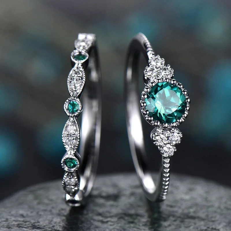 Nauja Mėlyna/Žalia Akmens Žiedas Rinkinys Moterims Papuošalai Elegantiškas Cirkonis Krauti Žiedus, 925 sterlingas sidabro Nuotakos Vestuvių Žiedas