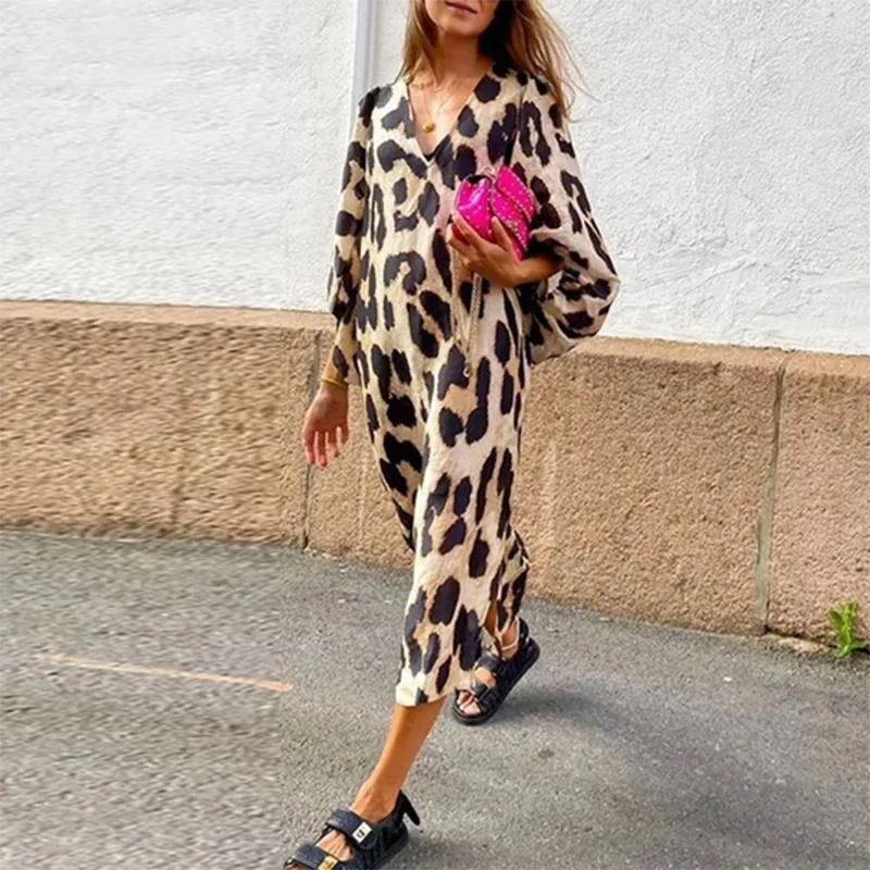 Laisvas Leopardas Spausdinti Moteris Midi Suknelė Trijų Ketvirtį Žibintų Rankovėmis V-kaklo Suknelės Mados Ponios Vasaros Antumn Moterų Drabužiai