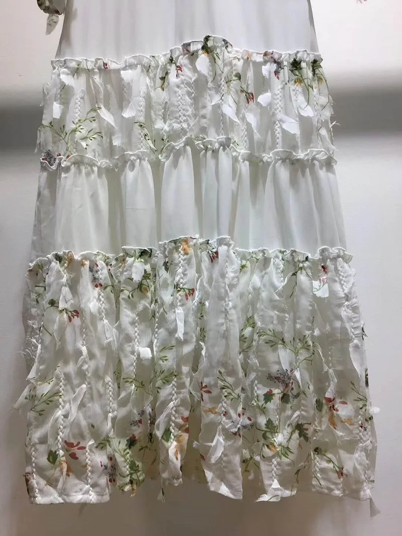 Aukščiausios Klasės Dizainerio Suknelė 2020 M. Vasarą Moterys Geometrinių Raštų Kutas Gėlių Deco Trumpas Rankovės Derliaus Atgal Mygtuką Suknelė Balta