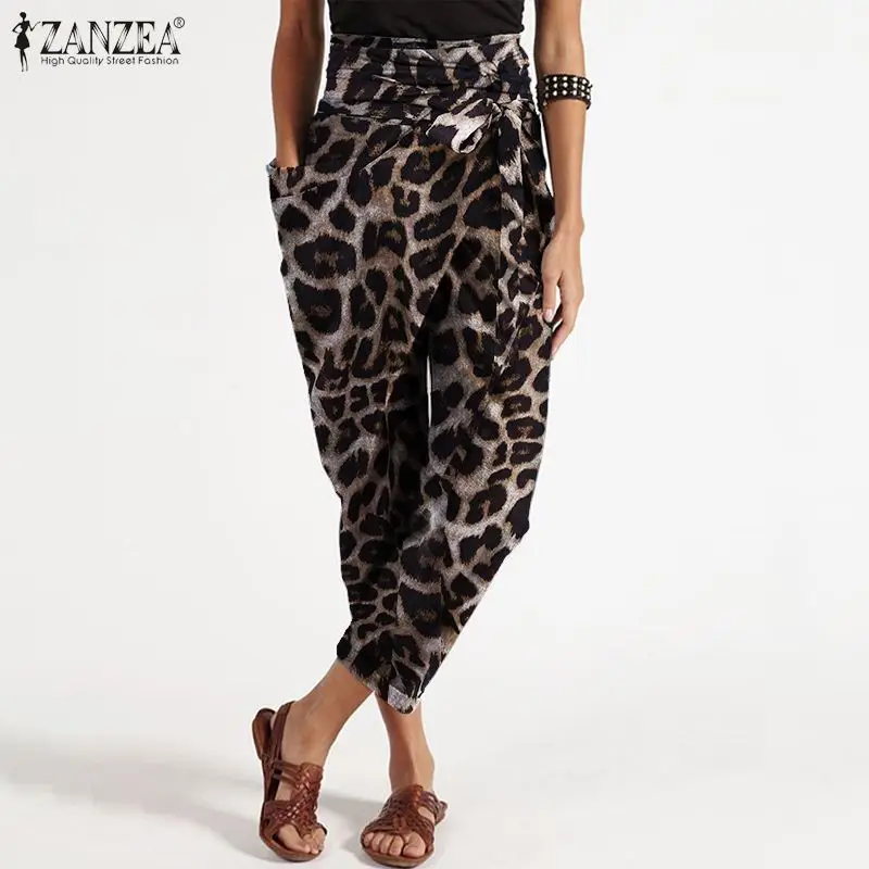 ZANZEA 2021 Elegantiškas Spausdinti Haremo Kelnės Moterų Leopard Kelnės Atsitiktinis Pantalon Palazzo Juostinės Moterų Nereguliarus Ropė Plius Dydis