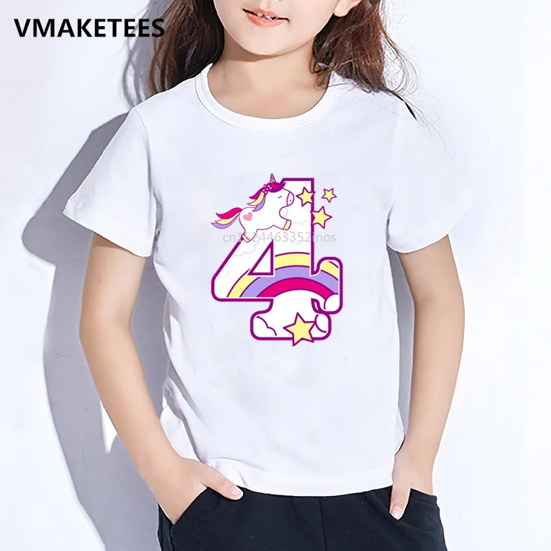 Vaikai Vienaragis Animacinių filmų Mergaičių marškinėliai Vaikams su Gimtadieniu Skaičius 1-9 Print T-shirt Baby Gimtadienio dovana, Juokinga, Drabužiai,HKP5238