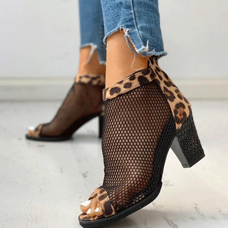 Populiarus Dizainas Vasaros Tinklelio Stiliaus Leopard Sandalai Vakarų Peep Toe Batai Moterims