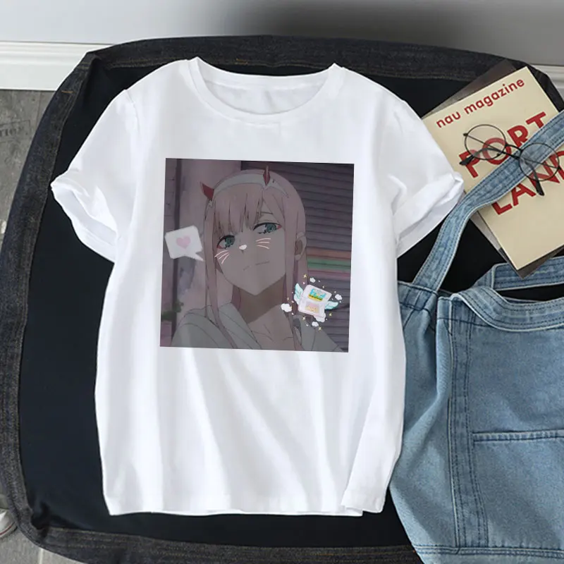 Darling į franxx anime Harajuku Nulis DU graži mergina atspausdinta Marškinėliai Moterims vasaros Drabužių Marškinėlius Atsitiktinis Moterų marškinėliai