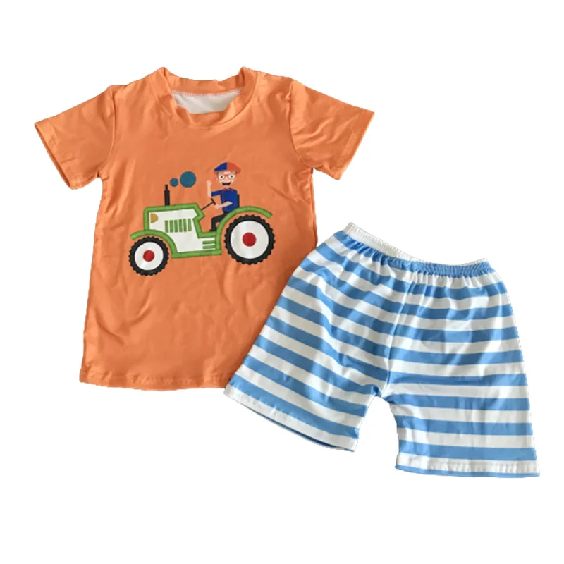 Boutique komplektus Siuvinėjimo sunkvežimių berniukas modelis Dryžuotas šortai berniukų drabužiai rinkinys