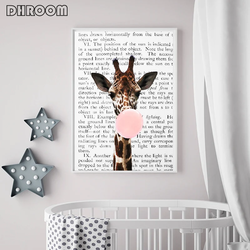 Žirafa Kramtomosios Gumos Plakatas Spaudinių Vaikų Darželio Sienos Meno Blush Pink Drobė Meno Tapybos Laikraštis Fono Sienos Nuotrauka Apdaila