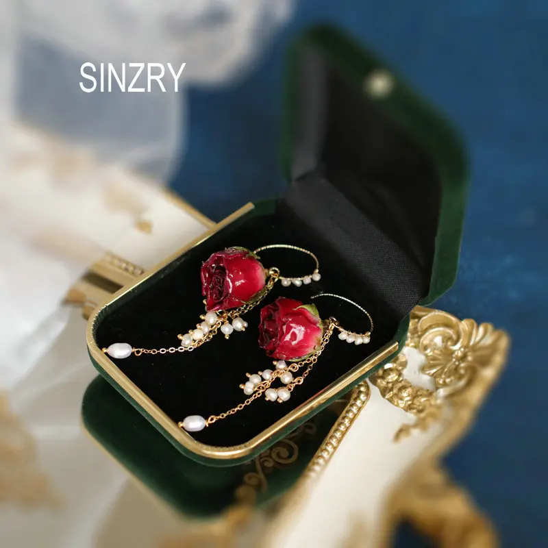 SINZRY originalus rankų darbo, kūrybos konservuoti rožių gėlių elegantiškas korėjos stilingas pearl drop auskarai moterims