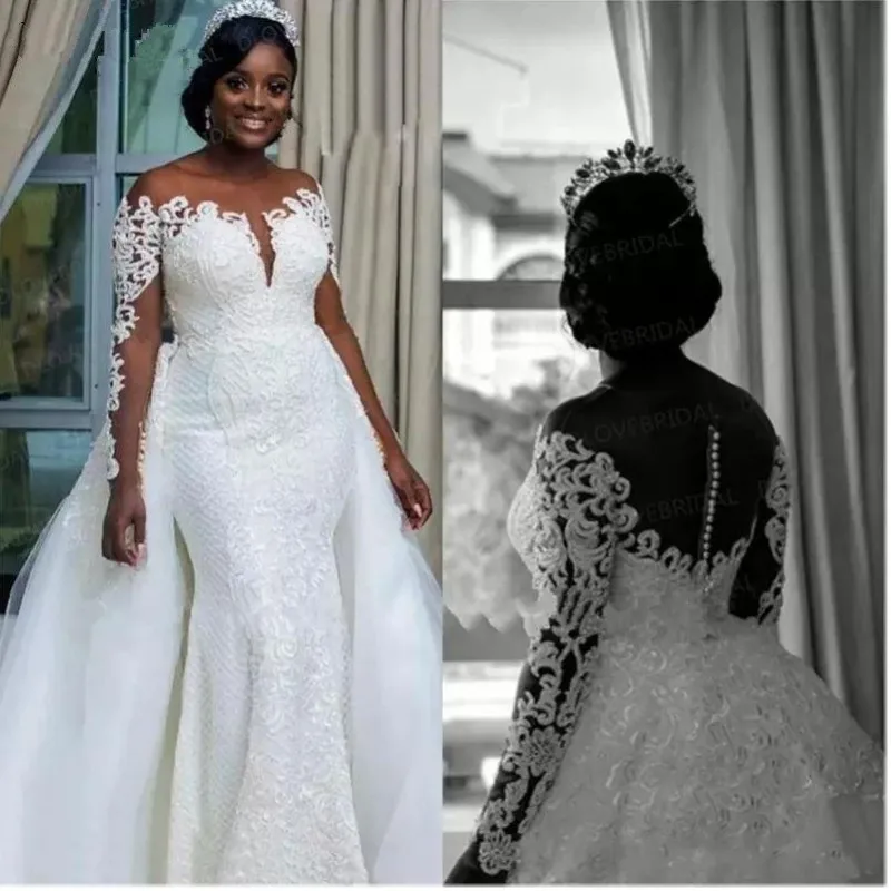 Pietų Afrikos Undinė Vestuvių Suknelės, Nuimamas Overskirt Vien Kaklo Išjungti Peties ilgomis Rankovėmis 2019 Nuotakos vestuvių Suknelės