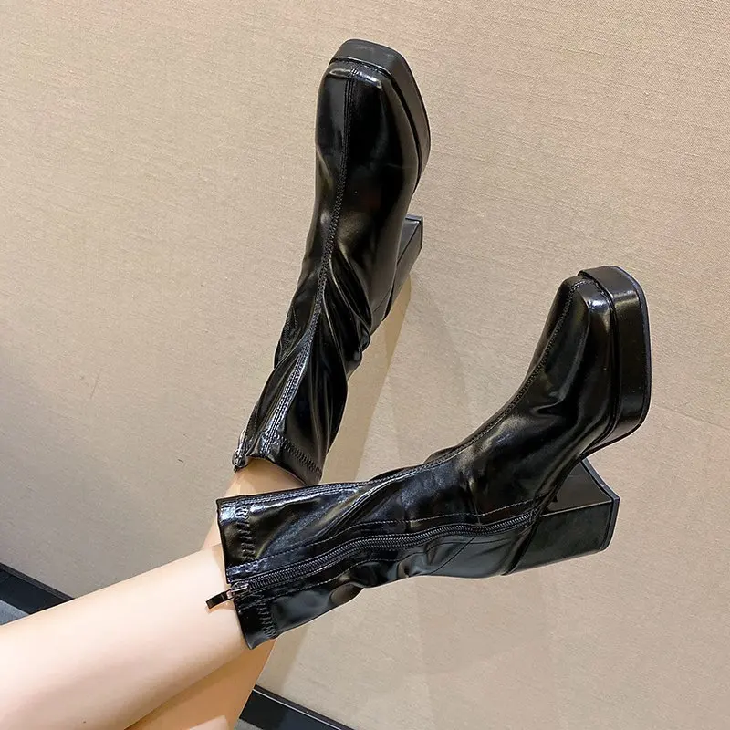 Madingų Moterų Batai Žiemą naujas Seksualus, Trumpas įkrovos Elegantiškas, Kvadratinės pėdos Smėlio spalvos platformos batai Trumpas, Brandus Stambusis aukštakulniai batai