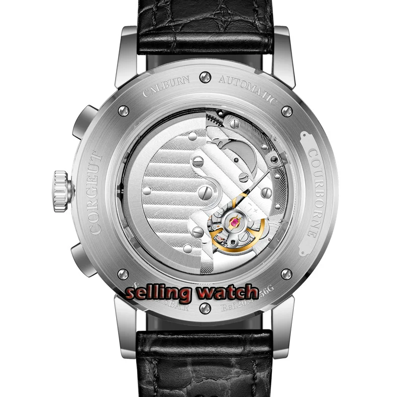 42mm Corgeut mechaninė laikrodžius mėnulio Fazės Sidabro Metai, Mėnuo, Diena Savaitę Automatinis laikrodis vyrams