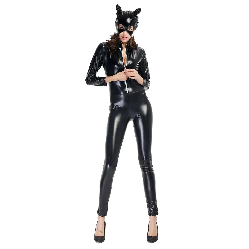 Seksualus Disfraces Mujer Juoda Katė Gyvūnų Catsuit Blizga Super Herojus Catwoman PU Odos Jumpsuit Kostiumas Helovinas Kostiumai Moterims