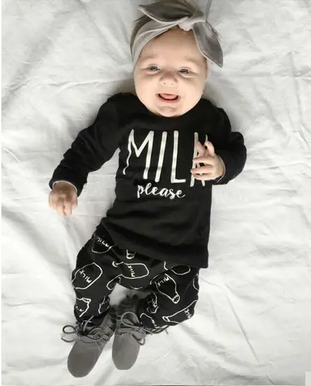 Mados baby girl berniuko drabužių Unisex medvilnės ilgomis rankovėmis T-shirt kelnes 2VNT naujagimiui berniukų, mergaičių drabužių rinkinius, pienas, prašome