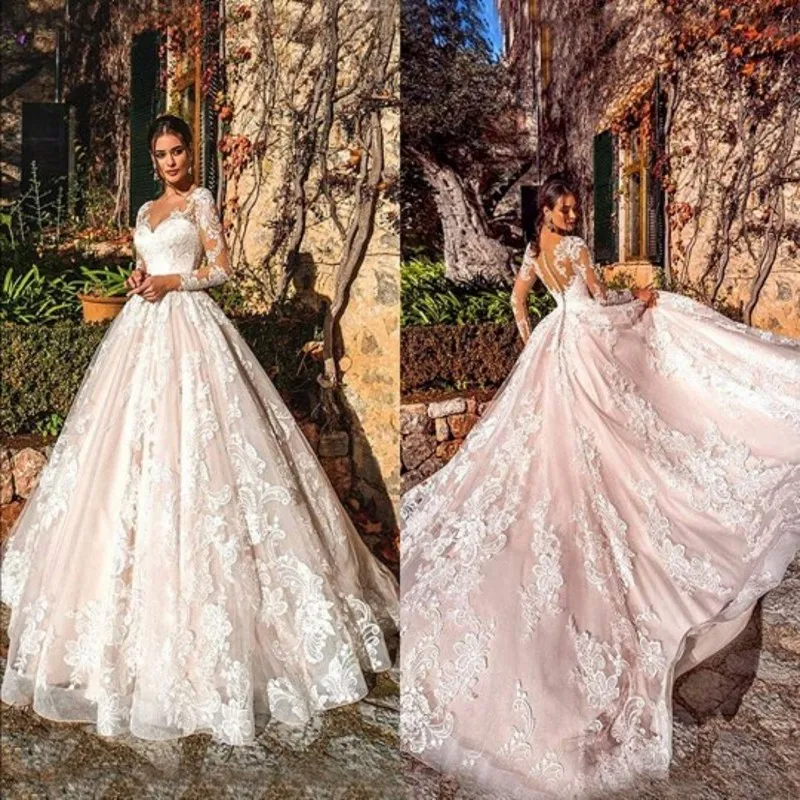 A-Line Wedding Suknelė Elegantiškas Long Sleeve Lace Appliques Princesė Koplyčia Nuotakos Suknelė Vestido De Novia