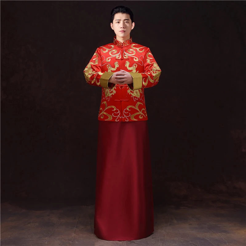 Vyrai kinų stiliaus vestuvių Suknelė raudona siuvinėjimo jaunikis vakaro suknelė kimono švarkas tango kostiumas tradicinių taurę kostiumų, drabužių