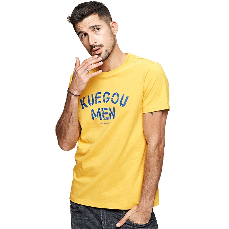 KUEGOU Prekės vyriški trumpomis rankovėmis T-shirt vyrai Balta Vasarą, Geltona balta medvilnės apvalios apykaklės raidžių spausdinti marškinėliai ZT-3316