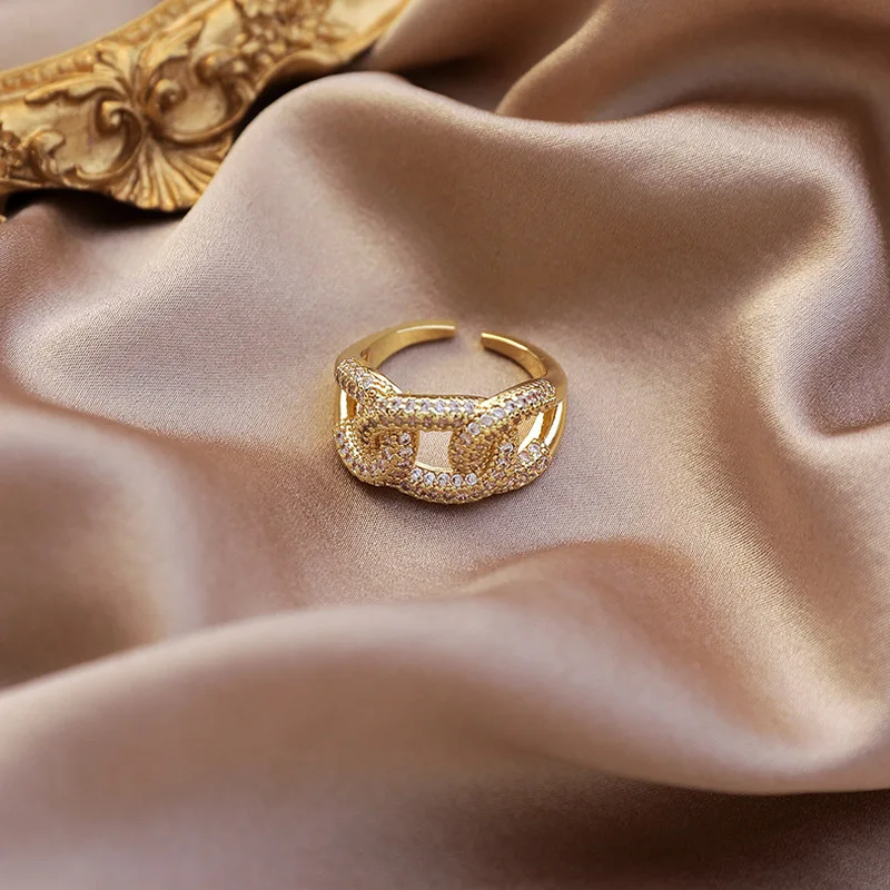 Korėjos Subtilus Šviečia CZ Stone Nuorodą Grandinės Žiedų, skirtų Moterims, Žalvaris, Auksas Susietos Grandinės Twist Reguliuojamas Atidaryti Žavesio Žiedai Dovanos