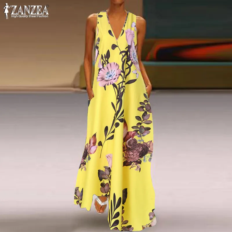 ZANZEA 2021 Bohemijos Spausdinti Maxi Suknelė Moterų V-Kaklo Sundress Atsitiktinis Gėlių Ilgai Vestidos Moterų Berankovis Vasaros Apdaras S-5XL