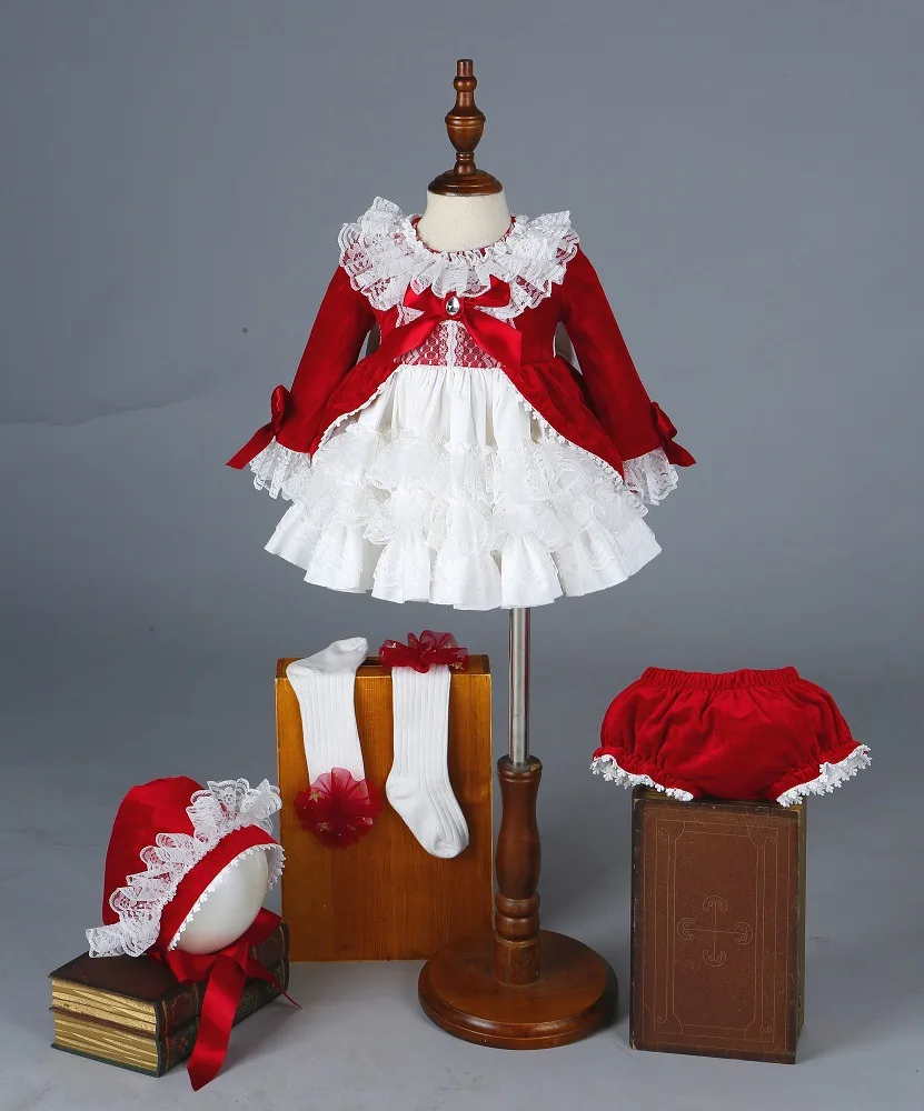 2020 Vaikai Spainsh Mergaičių Suknelės Vaikų Gimtadienio Raudonos Nėrinių Kamuolys Chalatai Kūdikių Krikštas Lotia Suknelė Mergina Ispanija Boutique Drabužių Rinkinys