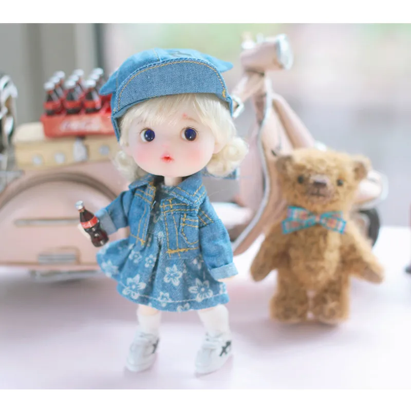 Obitsu11 OB11 dydžio lėlės kostiumas kaubojaus skrybėlę + kailis + suknelę galima OB11 cu-poche lėlės priedai lėlės drabužiai, mėlyna spalva