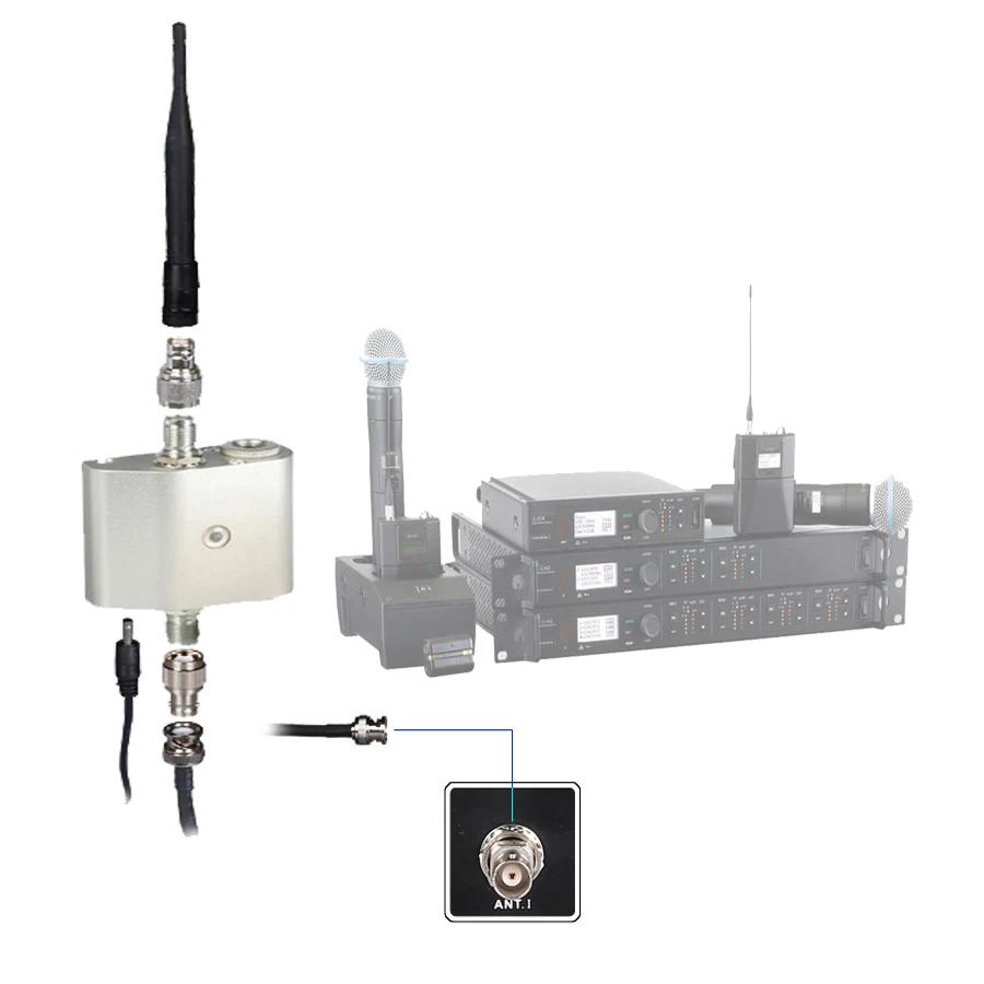 UHF dažnių juosta 500-999mhz TNC ir BNC etape, bevielis mikrofonas, monitorius mic antenos Stiprintuvas paskirstymo stiprintuvas AB 