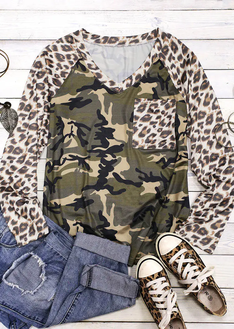 Kamufliažas Leopard Kišenėje Sujungimas ilgomis Rankovėmis marškinėlius V-neck Moterų Viršūnių Priežastinis Prarasti Moterų marškinėliai 2021 Naujas Kratinys Tee
