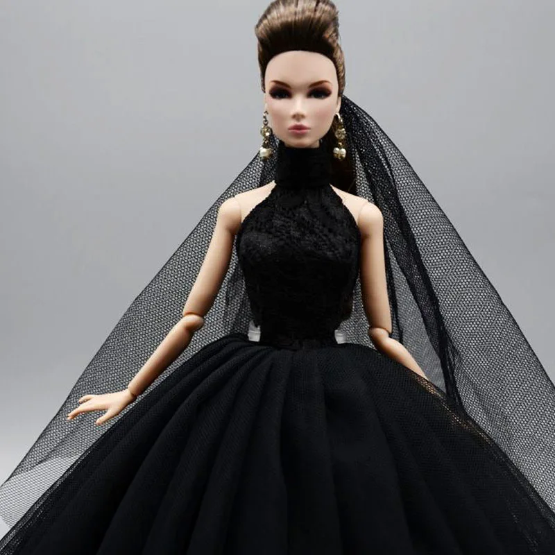 Juoda Aukšto Kaklo Mados Vestuvių Suknelė Barbie Lėlės Komplektus Princesė Vakare Šalis Suknelė Ilgos Suknelės Lėlės Drabužiai & Šydas