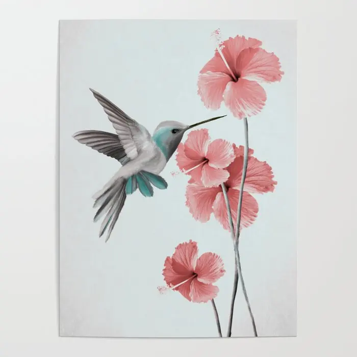 Drobė HD Spausdinti Hummingbird Tapybos Sienos Meno Rožinė Hibiscus Plakatas Gyvūnų Namų Dekoro Modulinės Gėlių Nuotraukas Kambarį