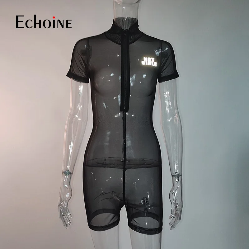 Echoine moterų sexy matyti per akies jumpsuit šortai, atspindintis laiško spausdinimo fitneso Bodysuits drabužių Šalies Clubwear darbo drabužiai