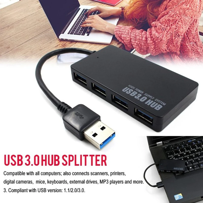 USB 3.0 Hub 4 Port Didelės Spartos Plonas, Kompaktiškas Plėtra Splitter