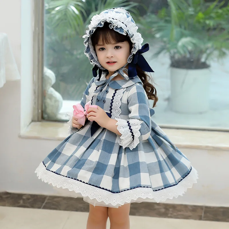Yoliyolei ilgomis Rankovėmis Pledas Lolita Dress Blue Spainish Atsitiktinis Vaikų Skrybėlę Girl Lolita Retro Vaikai Suknelės Pavasarį Rudenį