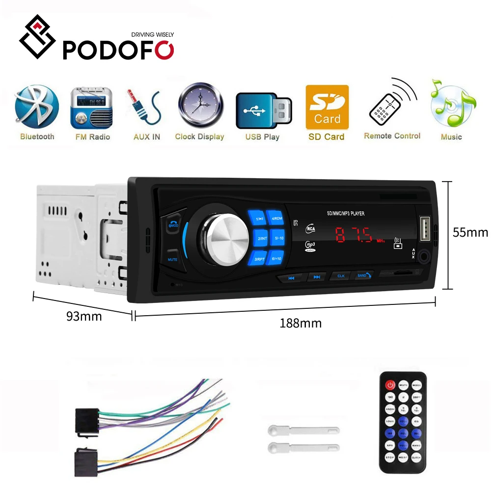 Podofo Automobilio Stereo 1DIN MP3 Grotuvas Vieno Stereo Imtuvas Brūkšnys Galvos Vienetas Bluetooth, USB, AUX, FM Radijo Toyota Universal