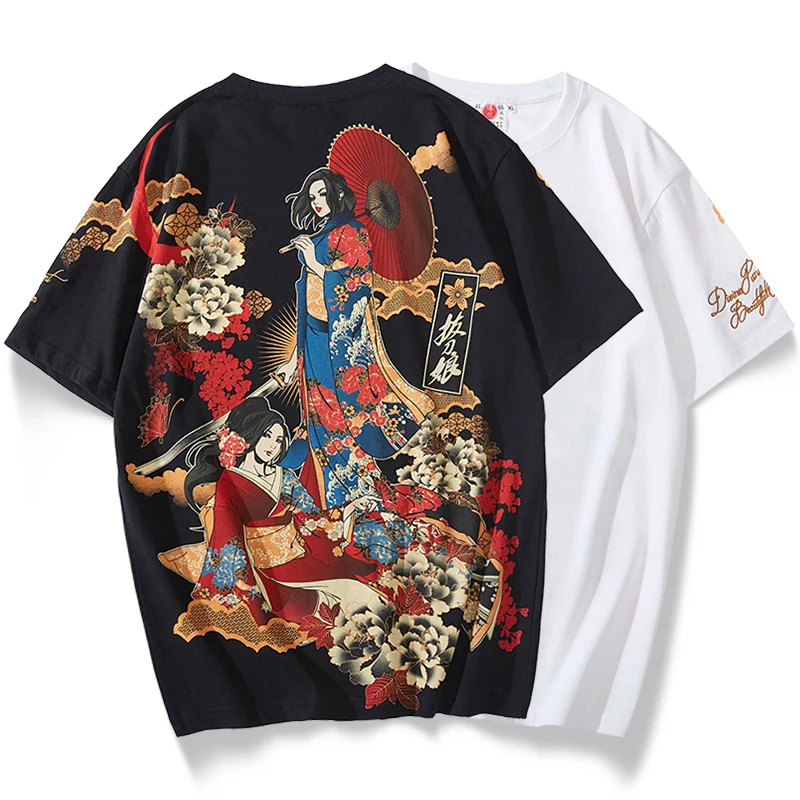 Japonų stiliaus vėjo kvėpuojantis spausdinimo grožio peilis Samurajus apvalios kaklo trumpomis rankovėmis vasarą asmenybės gražus medvilnės marškinėliai