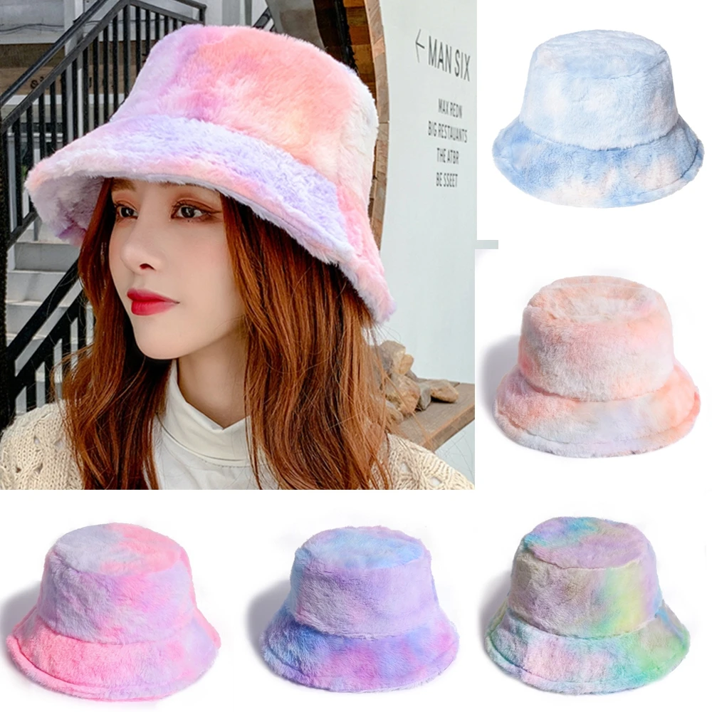 Tie dažai skrybėlę moterų vaivorykštės spalvų pliušinis žvejo kepurė žiemos šiluma kamšalu baseino skrybėlę kibiro kepurę lauko pėsčiomis bžūp