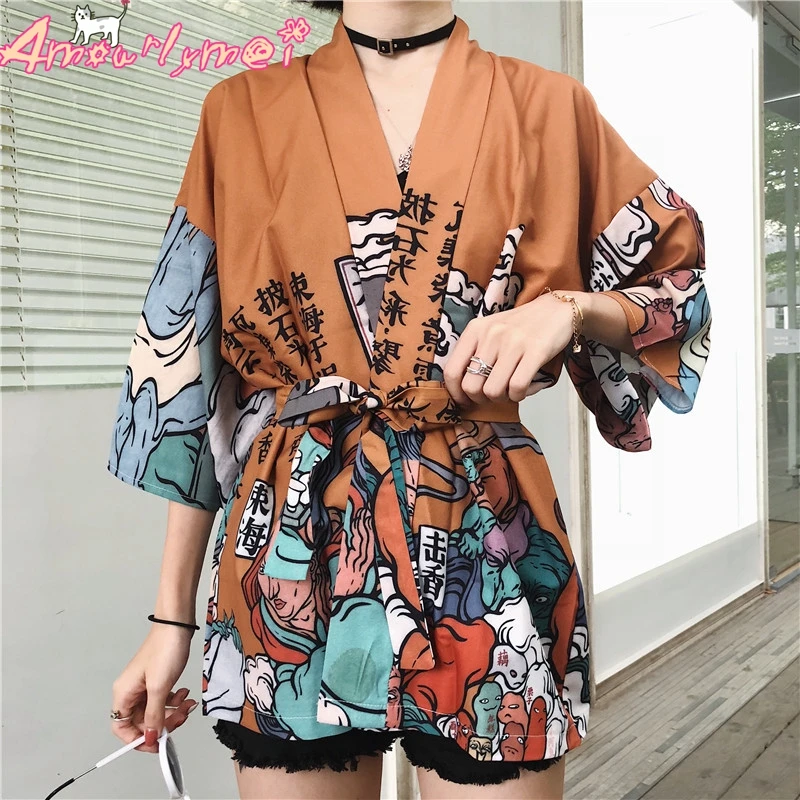 Harajuku Derliaus Spausdinti Kimono Megztinis Moterims Marškinėliai Japonijos Kawaii Grafinis Negabaritinių Viršūnes Gatvės Mados Moteriška Palaidinė