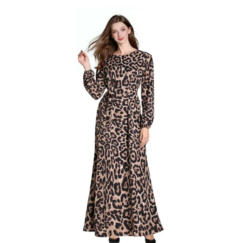 HANZANGL Pavasarį, Rudenį 2019 Naujas Musulmonų Suknelė Moterims ilgomis Rankovėmis Juostinės Juosmens Didelio Dydžio Islamas Leopard Print suknelė Ilga Mantija