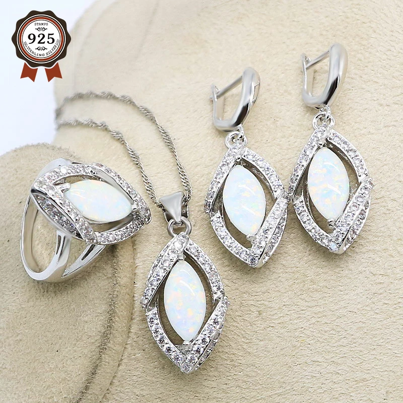 Sidabro Papuošalų rinkiniai Moterims, Klasikinis 925 Sterling Silver White Opal Žiedas, Auskarai, Pakabukas Mados Juvelyrika