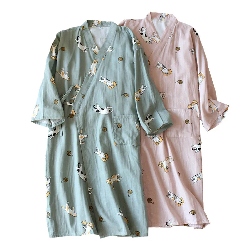 Mylėtojų Pižamą Vyrų Ir Moterų Komfortą Marlės Medvilnės Rūbeliai Mielas Kačiukas Spausdinti Kimono Sleepwear Pavasario Naujų Porų Prarasti Homewar