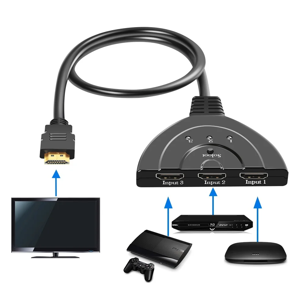 HDMI Switcher HDMI Hub 3 Uosto 1080P 3D HDMI Switcher Jungiklis Splitter centras su Kabeliu, PC, TV, HDTV, DVD Xbox 360 Kabelį Langelį
