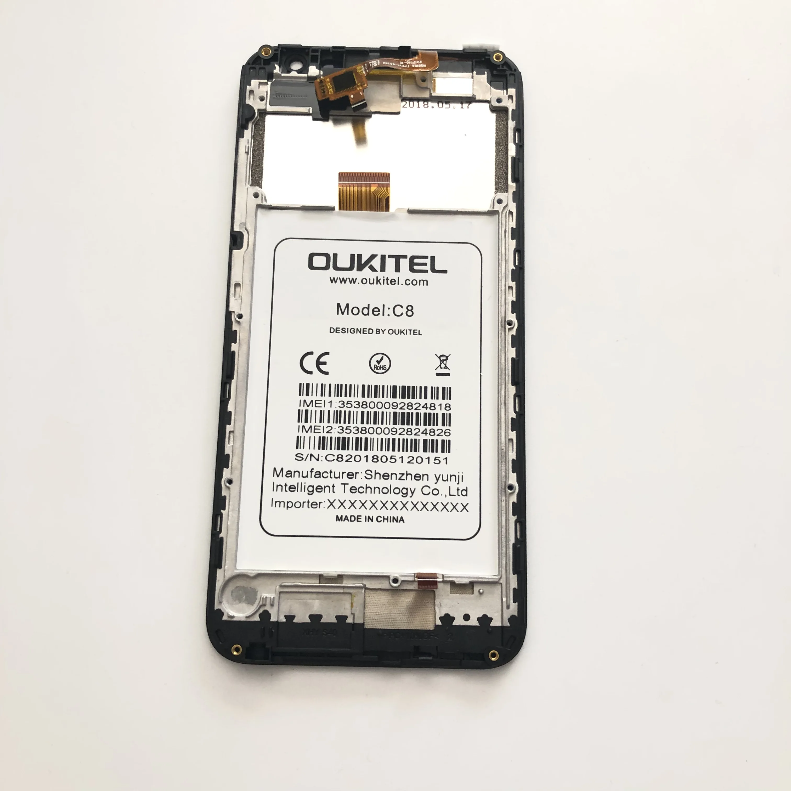 Oukitel C8 Naudoti LCD Ekranu + Touch Ekranas + Rėmas Oukitel C8 MTK6580A Quad Core 1280x640 5.5