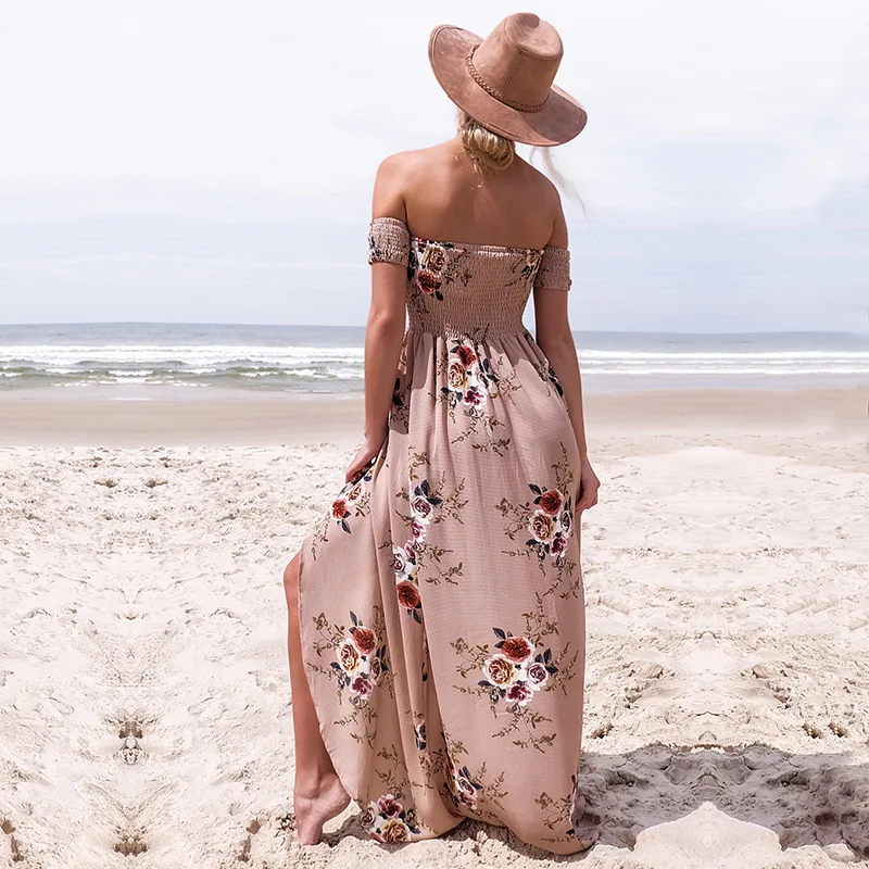 Boho stiliaus ilga suknelė moterims Off peties paplūdimio vasaros suknelės Gėlių spausdinti Derliaus šifono balta maxi suknelė vestidos de festa
