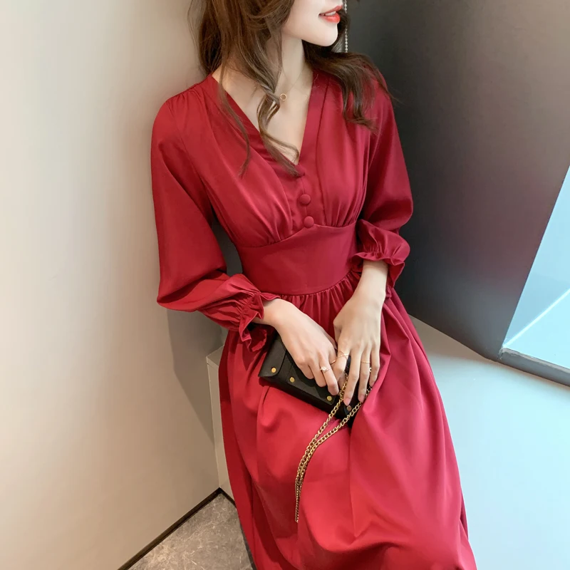 Moteris Suknelė 2020 M. Rudens Žiemos Naujas Stilius V-kaklo Aukštos Juosmens ilgomis Rankovėmis Šifono Suknelė Raudona Suknelė Elegantiškas Ponios Office Suknelės