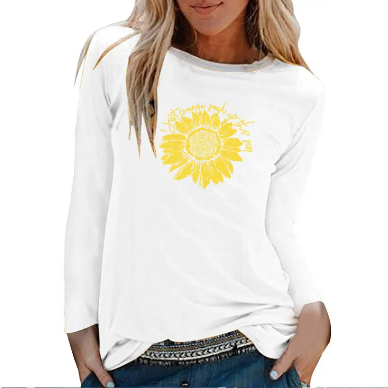 Saulėgrąžų, aš Tik Noriu pasideginti Print Long Sleeve T-shirts Moteris Rudens-Žiemos Harajuku Viršų Moteriška Balta O Kaklo Drabužiai
