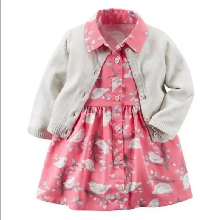 Naujagimiui Baby Girl Dress 2vnt Rinkiniai Gėlių Suknelės+ilgomis Rankovėmis Megzti Megztinis Krapinėjimas kūdikių Mergaičių Drabužių rinkinys