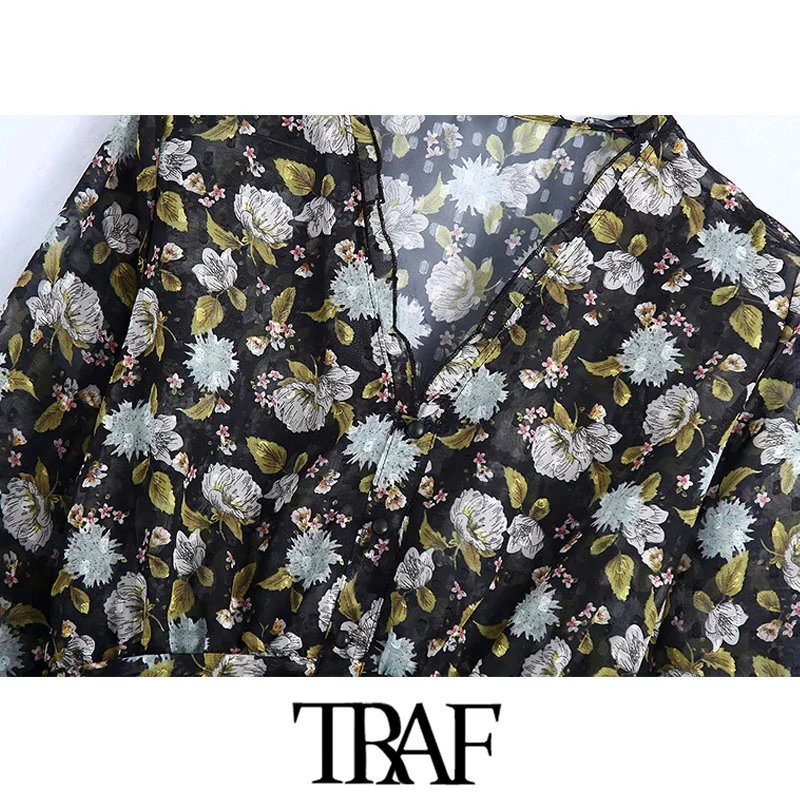 TRAF Moterų Mados Pusiau sheer Gėlių Spausdinti Susiėmę Palaidinės Derliaus ilgomis Rankovėmis Elastinga Juosmens Moterų Marškiniai, Elegantiškos Viršūnės