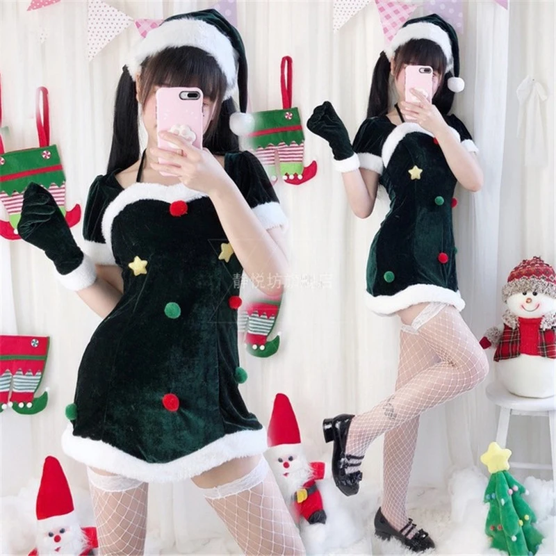Seksualus Moteriški Žalia Elf Santa Claus ir Kalėdų Kostiumas Cosplay Kalėdos Apranga Fancy Dress Etapo Rezultatus Drabužių su Skrybėlę ir Pirštines